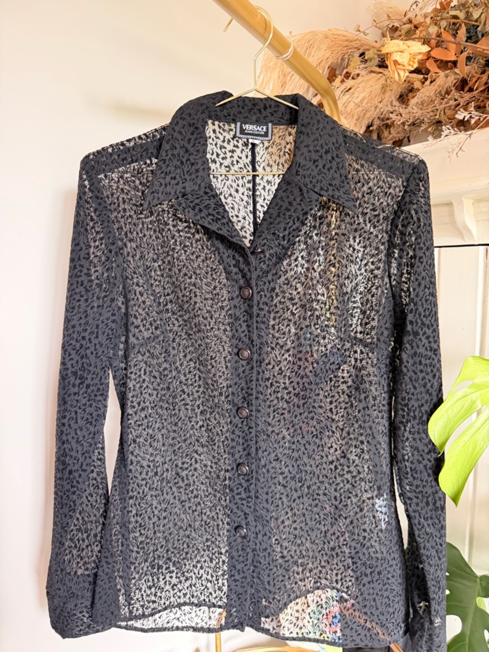 Versace Jeans Couture Black Sheer Leopard-Print Blouse
